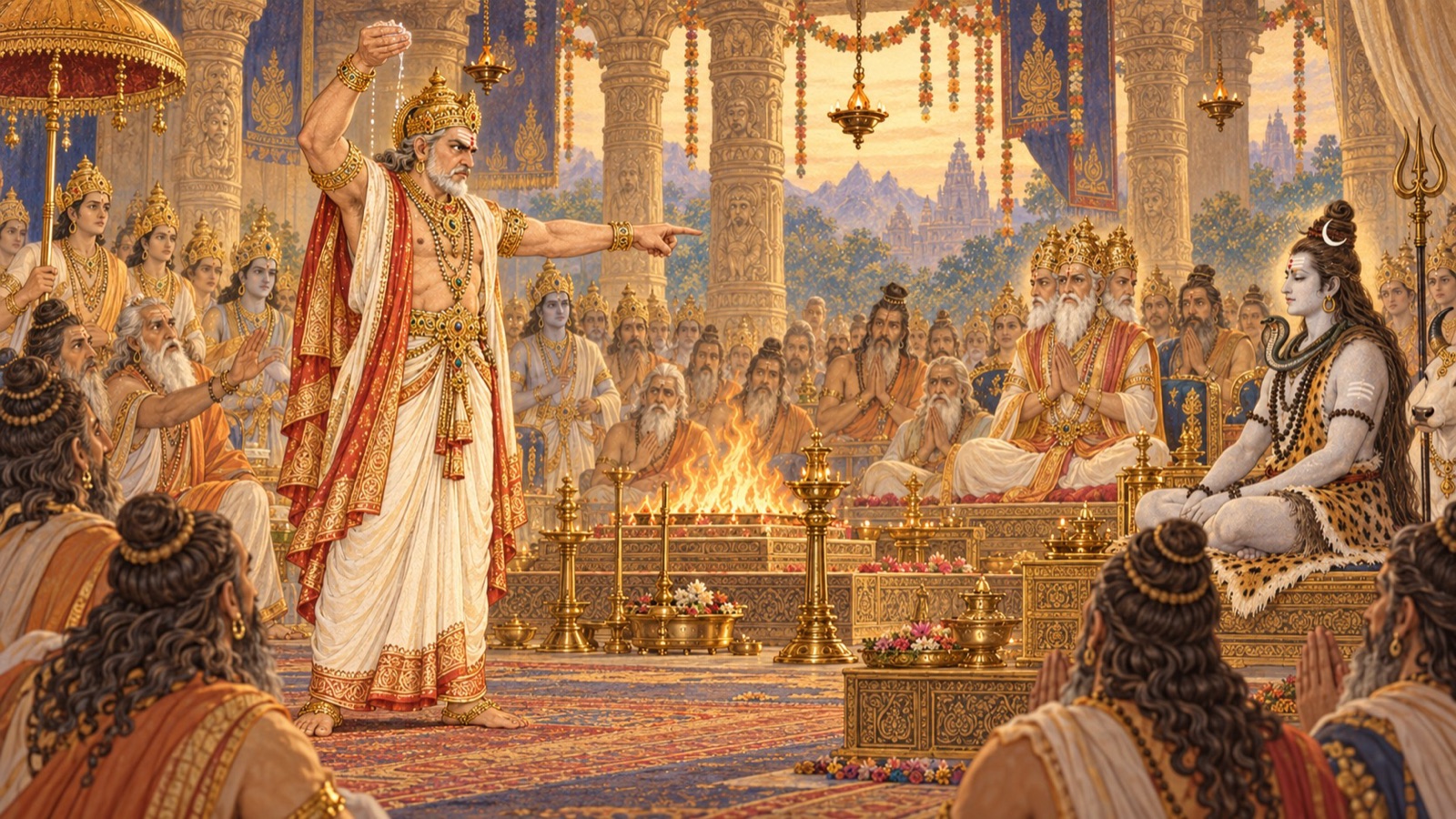 An enraged Daksha sipping water and cursing Lord Shiva before the assembly