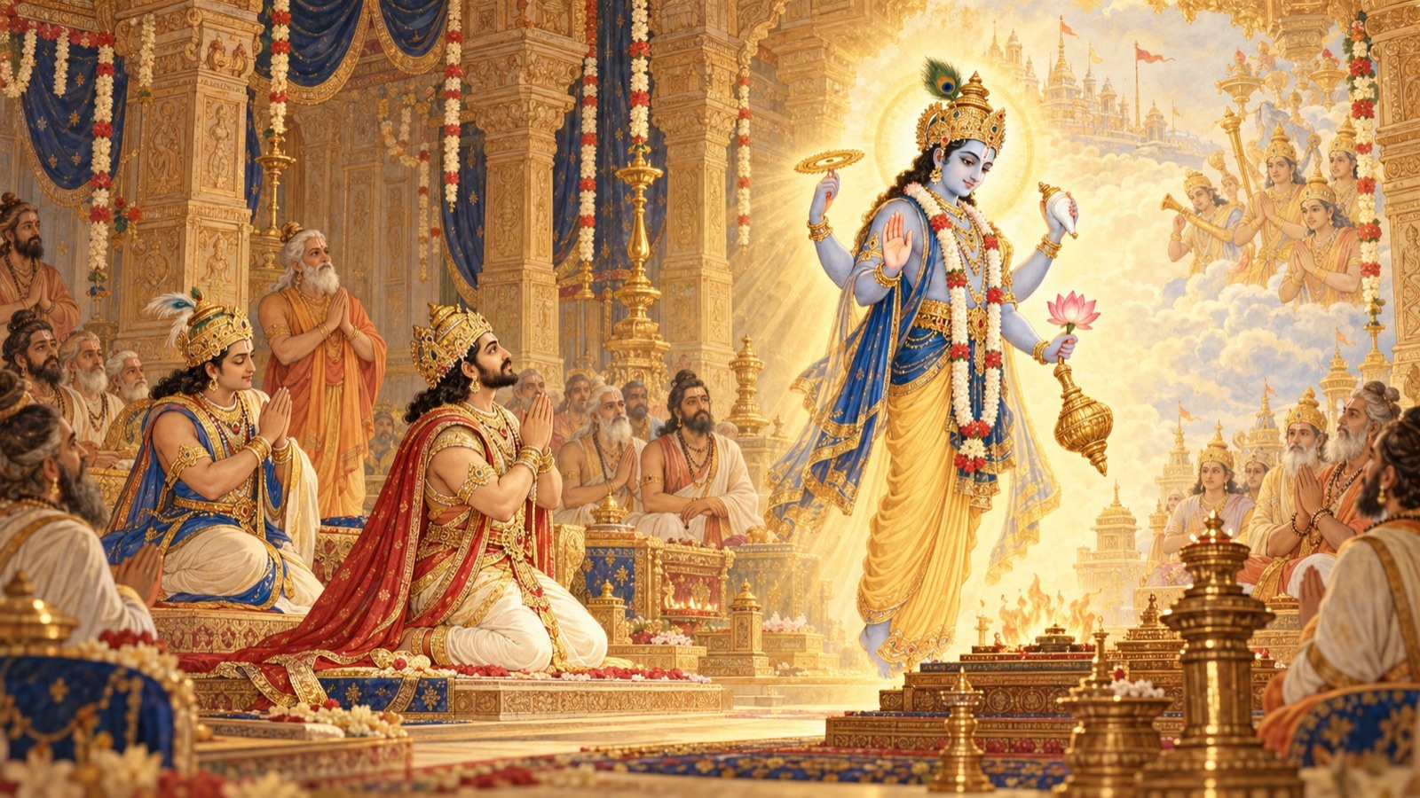 The Lord blessing King Prithu and the assembly and preparing to depart as Prithu gazes after Him