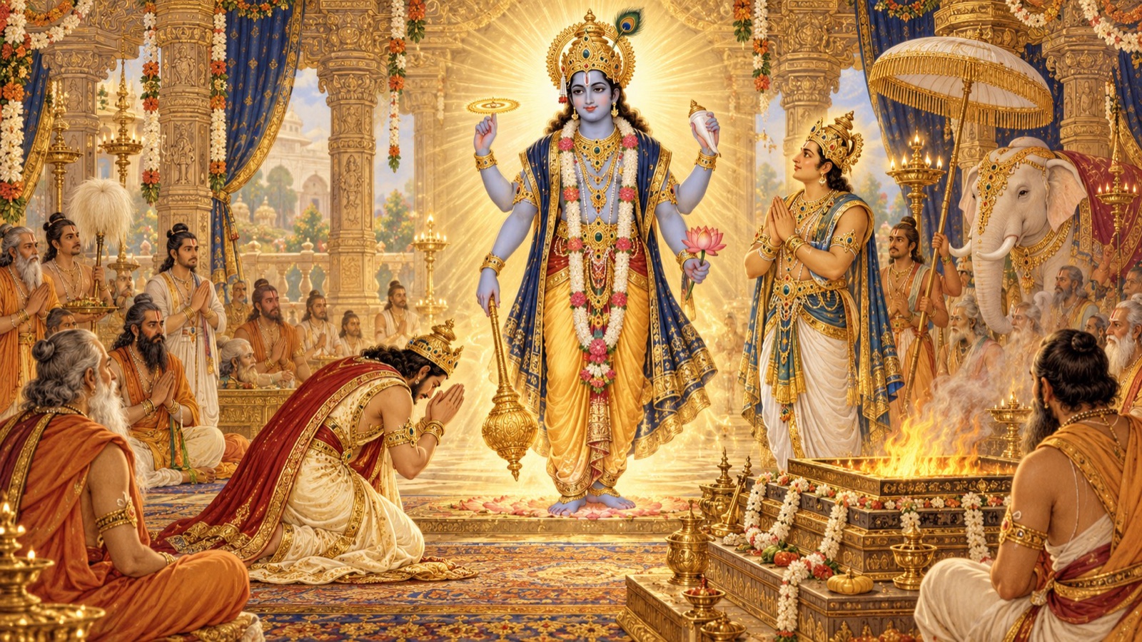 The Supreme Lord Sri Hari appearing radiant in King Prithu's sacrificial hall with the repentant Indra