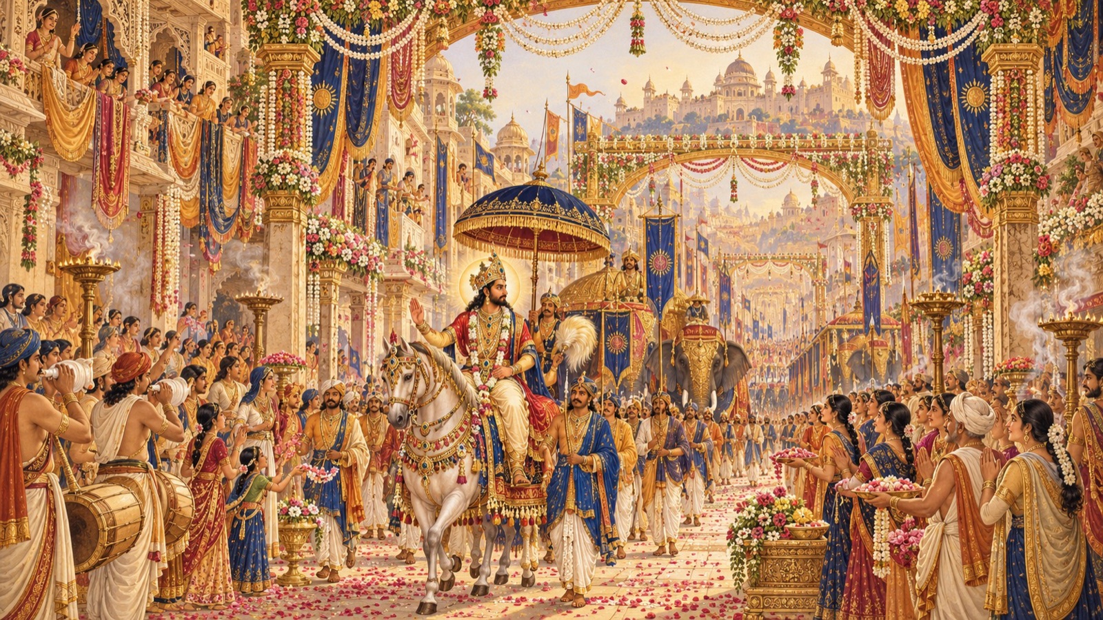 The capital city adorned with pearls, garlands, and golden archways to welcome King Prithu home