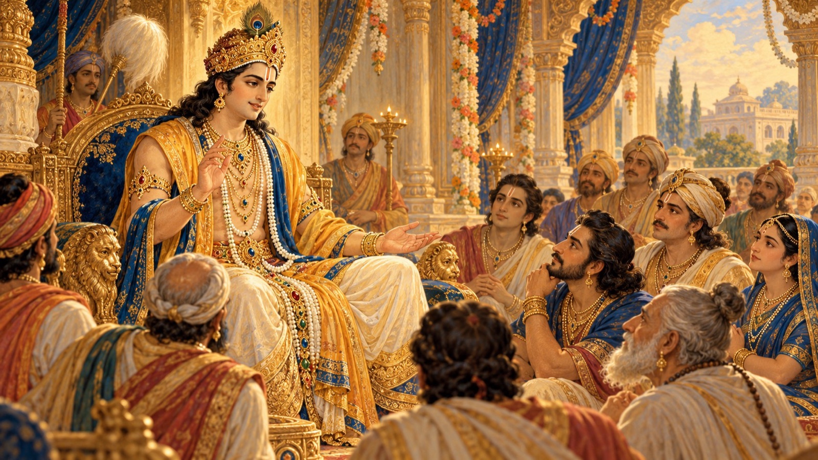 King Prithu addressing his subjects with grave and beautiful counsel on righteous rule