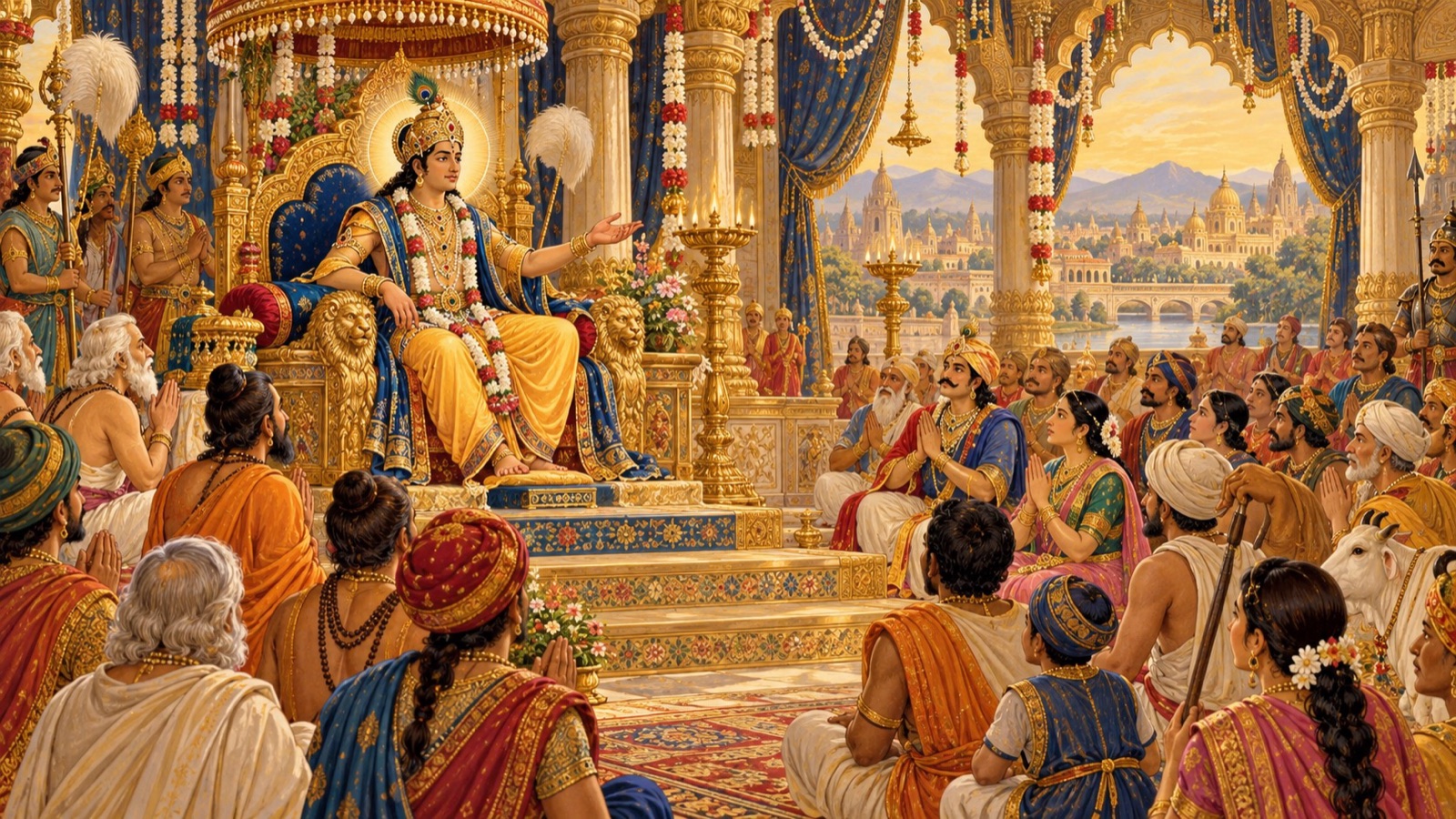 King Prithu addressing his assembled subjects from the throne in his festive capital