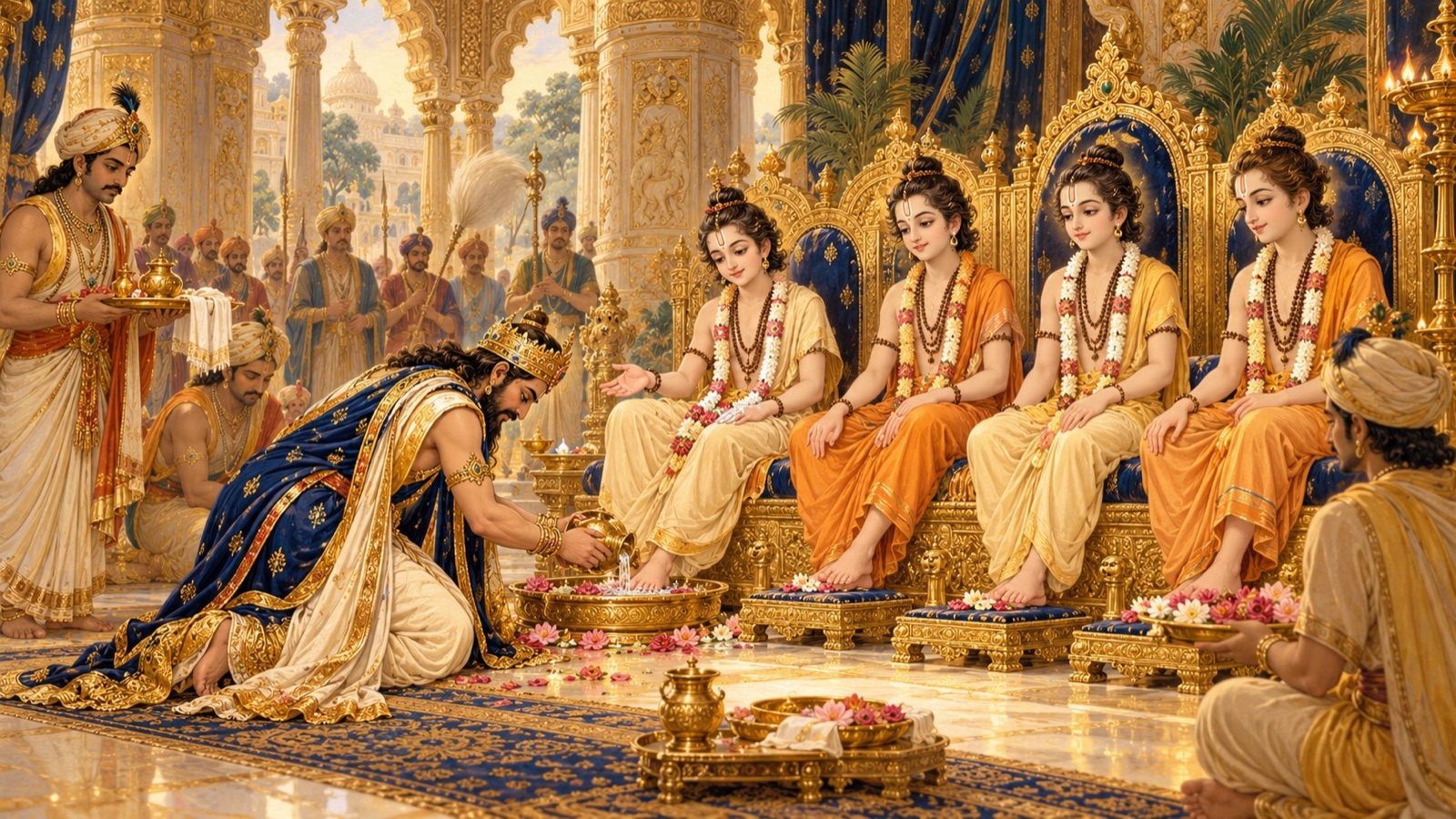 राजा पृथु उठकर, झुककर, चार कुमारों की पूजा करते तथा उन्हें स्वर्ण सिंहासनों पर बिठाते हुए