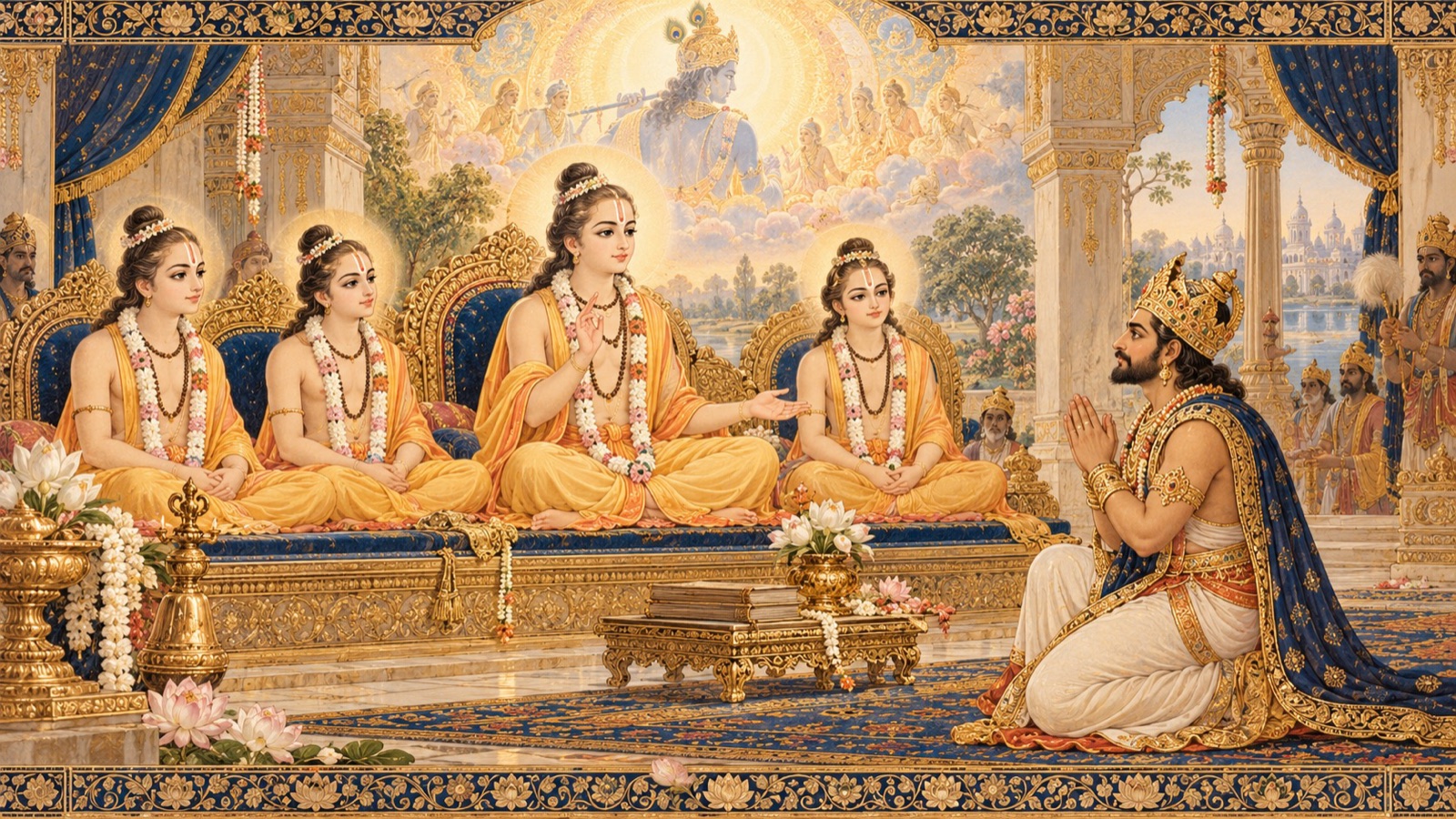 ज्येष्ठ कुमार राजा पृथु को आत्मा तथा भक्ति पर सर्वोच्च ज्ञान प्रदान करते हुए
