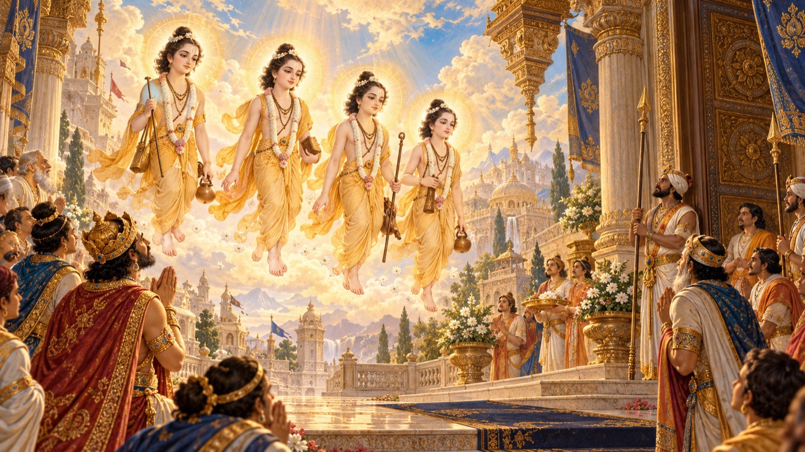 The four eternally youthful Kumaras descending brilliant as the sun to King Prithu's assembly