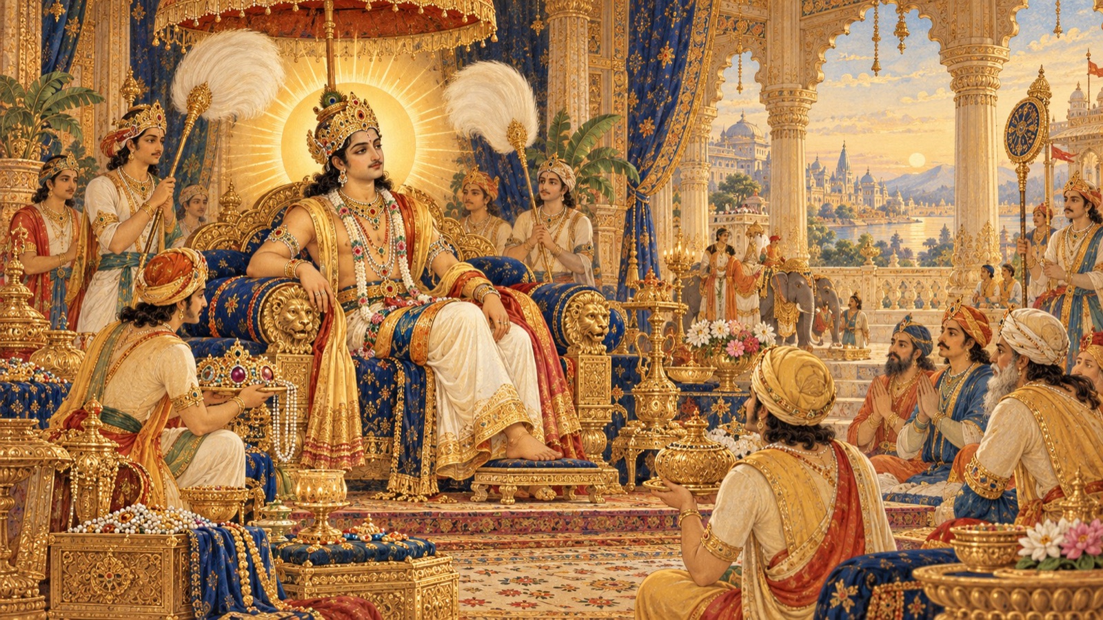 King Prithu remaining free of ego and unattached amid imperial splendour, untouched like the sun