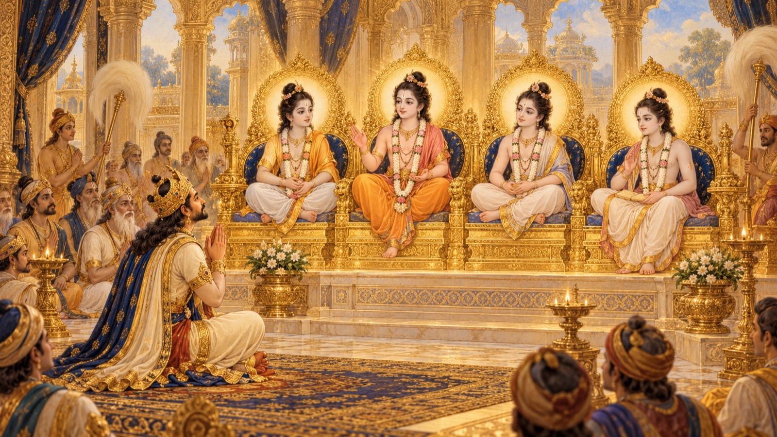 The four eternally youthful Kumaras seated on golden thrones instructing King Prithu, who bows in reverence