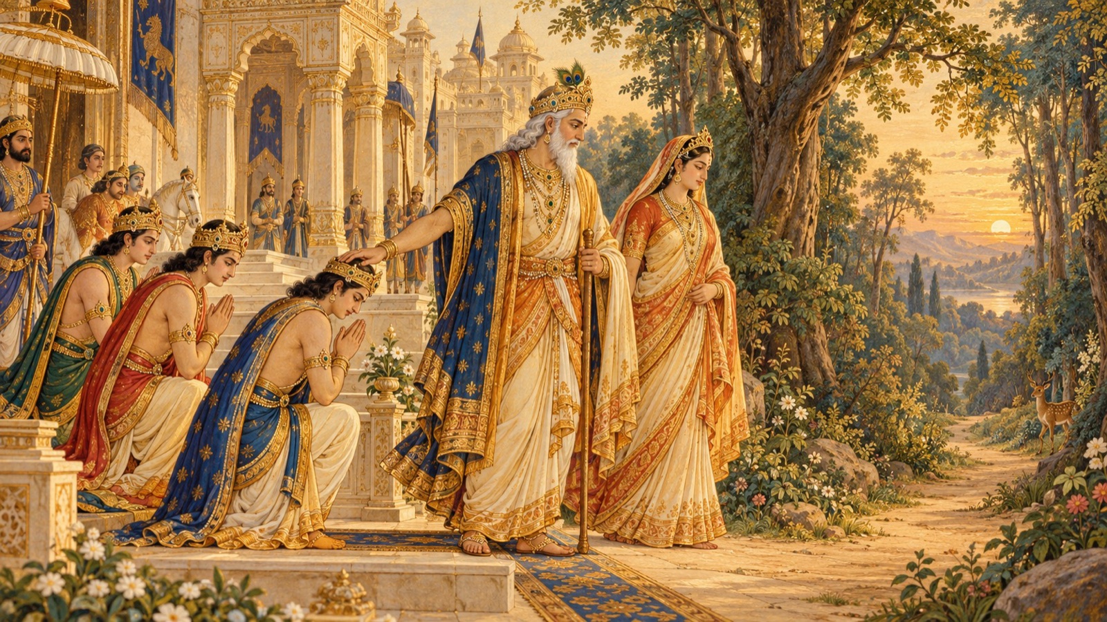 राजा पृथु अपना राज्य पुत्रों को सौंपकर रानी अर्चि सहित वन-आश्रम में निवृत्त होते हुए