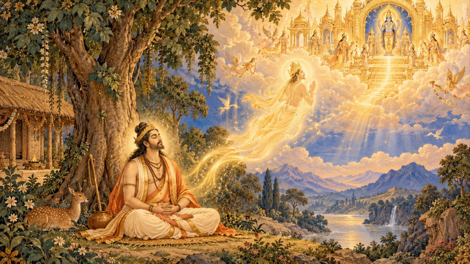 राजा पृथु अपने नश्वर शरीर को भक्ति में त्यागकर भगवान् के परम धाम को प्राप्त करते हुए