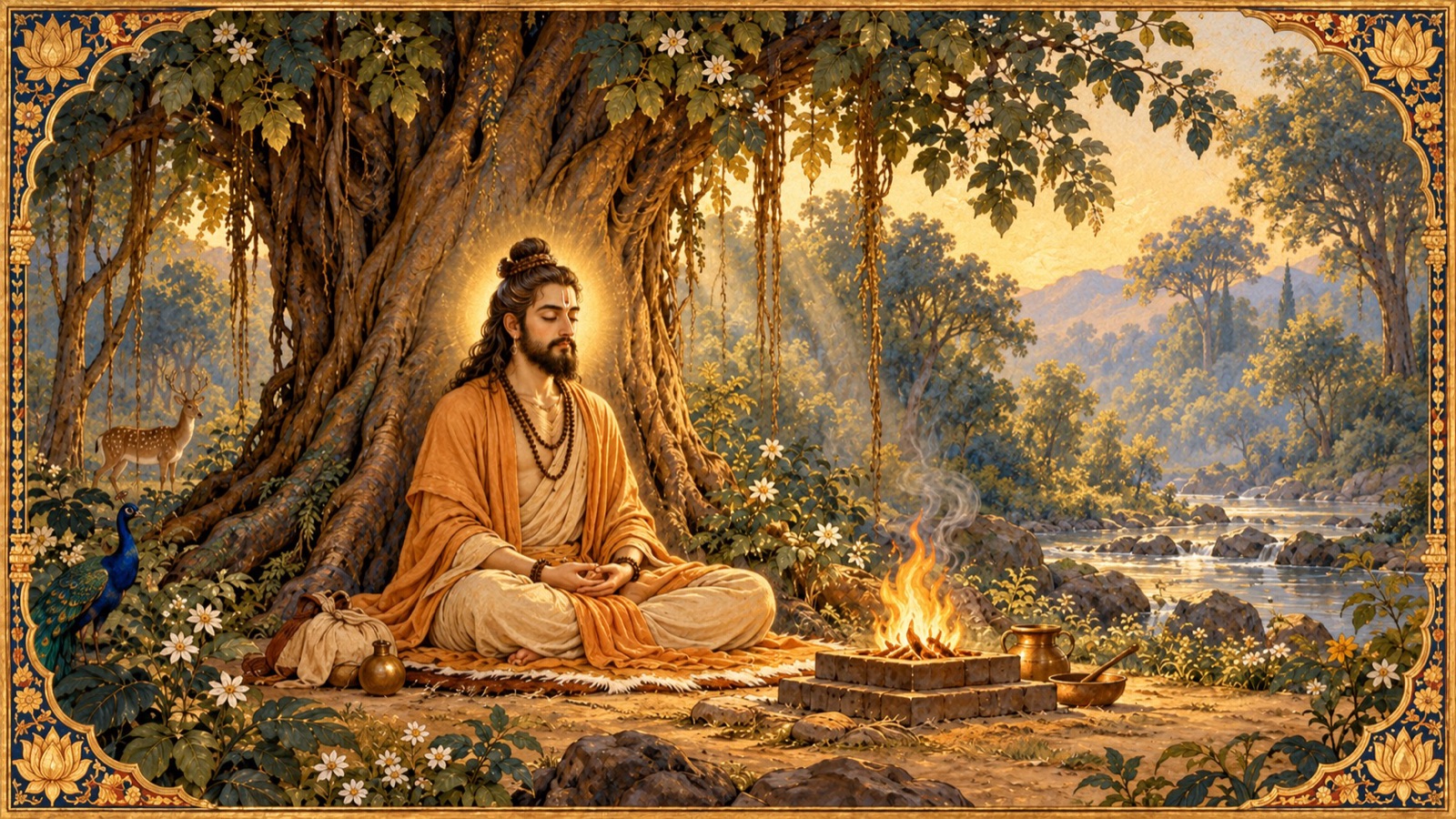 King Prithu practising severe austerity in the forest to please the Supreme Lord Krishna