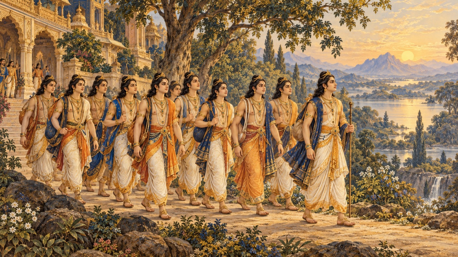 The ten princely brothers, the Pracetas, setting out together to perform severe austerities