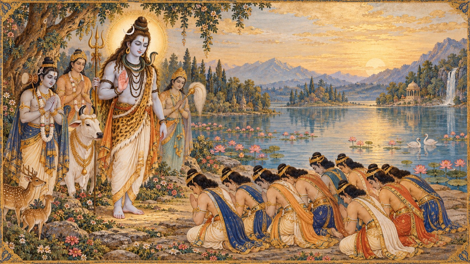 Lord Shiva appearing graciously before the Pracetas by the shore of the lake to bless them