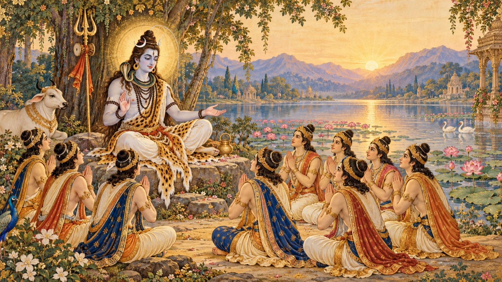 Lord Shiva teaching the sacred Rudra-gita hymn to the ten Pracetas by the shore of a great lake