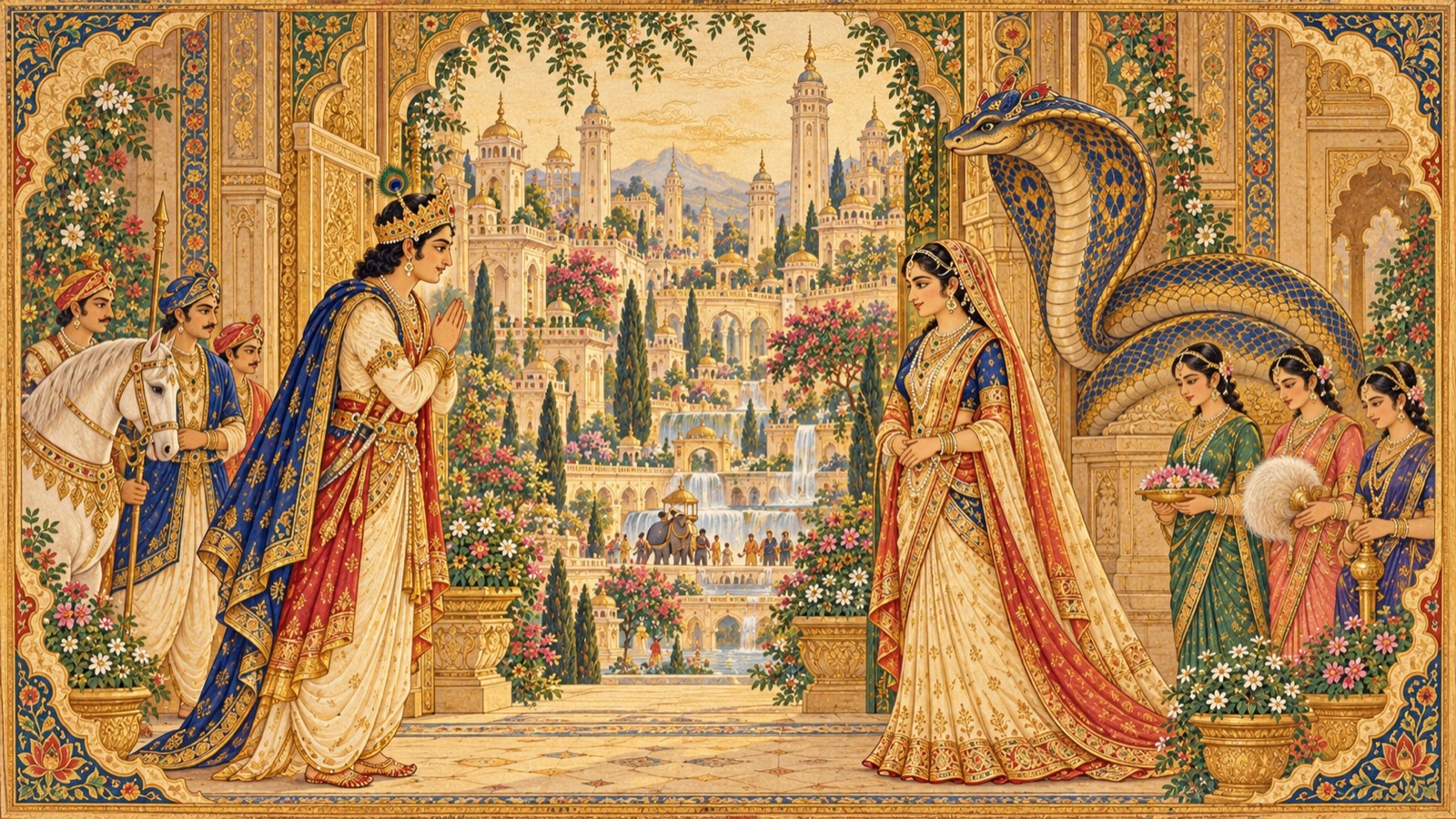 Puranjana discovering the city of nine gates and meeting a dignified woman with a serpent guardian