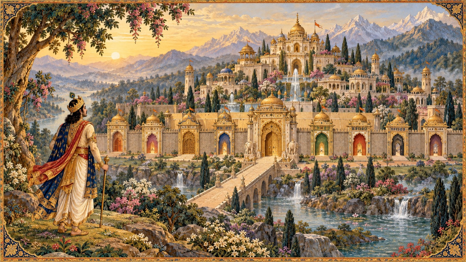 King Puranjana discovering a wondrous city of nine gates on the southern slopes of the Himalayas