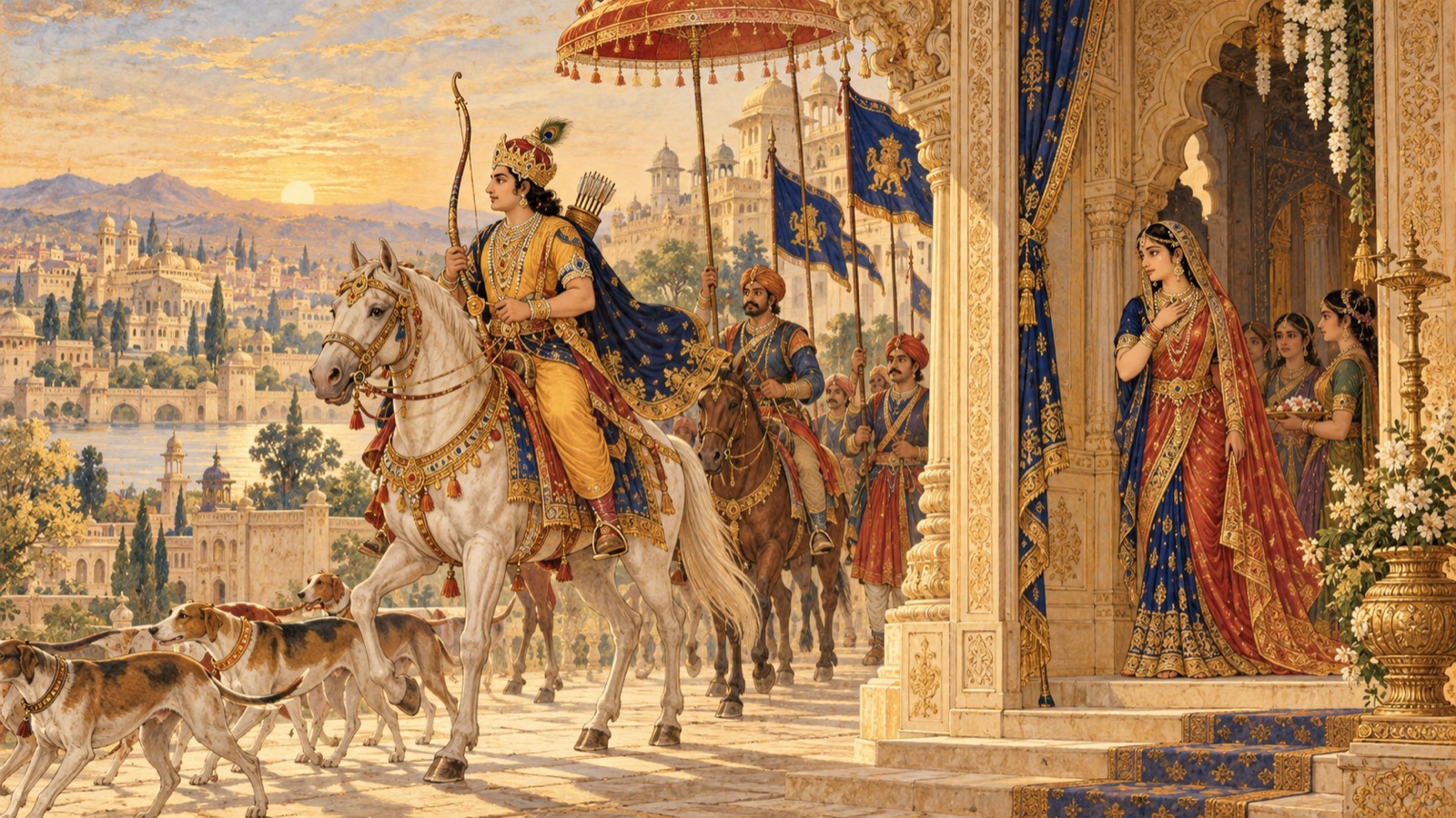 Puranjana adorned and armed, riding out to the hunt and leaving his queen behind