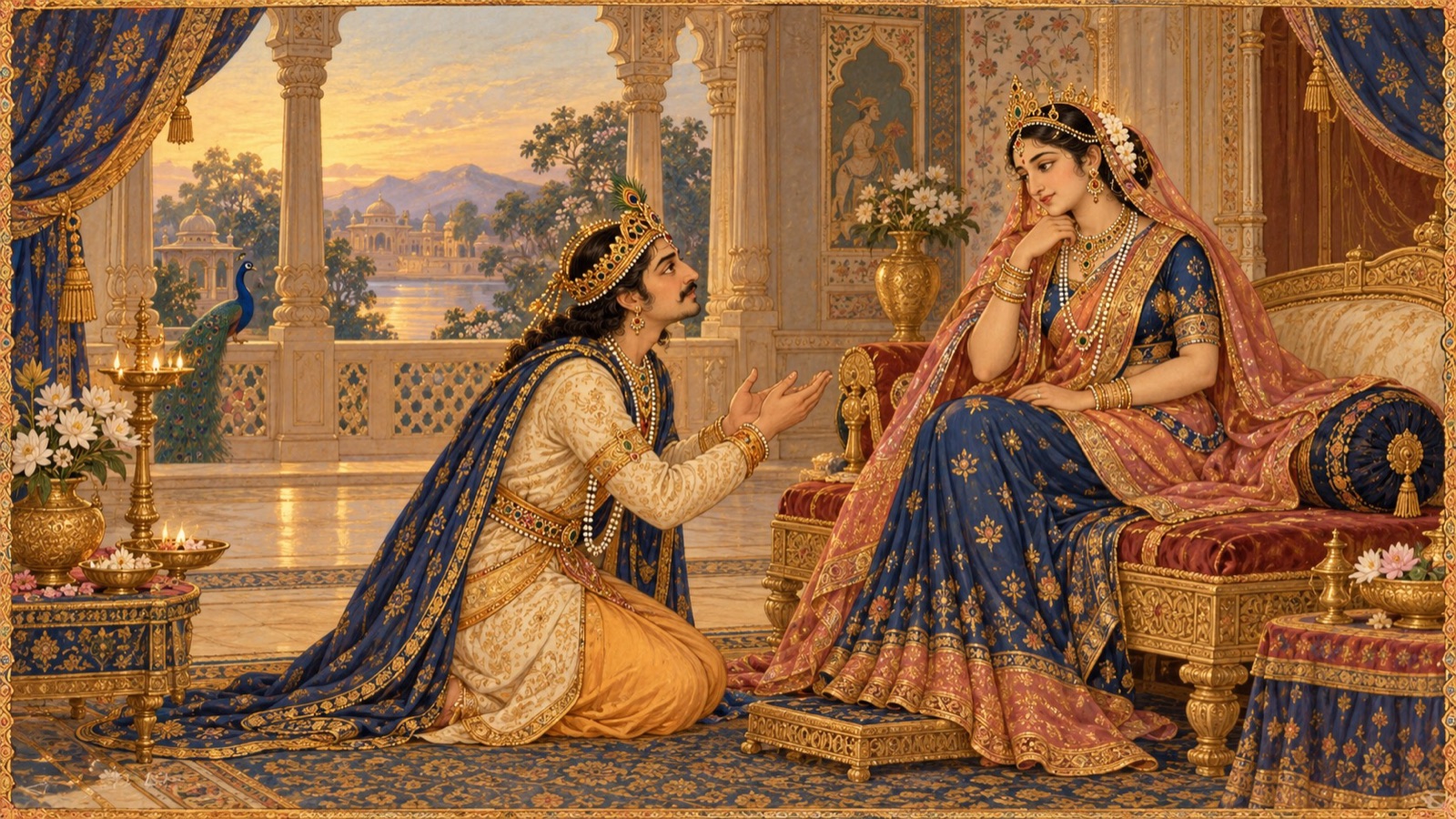 Puranjana pacifying his angry queen with tender words and reconciling with her