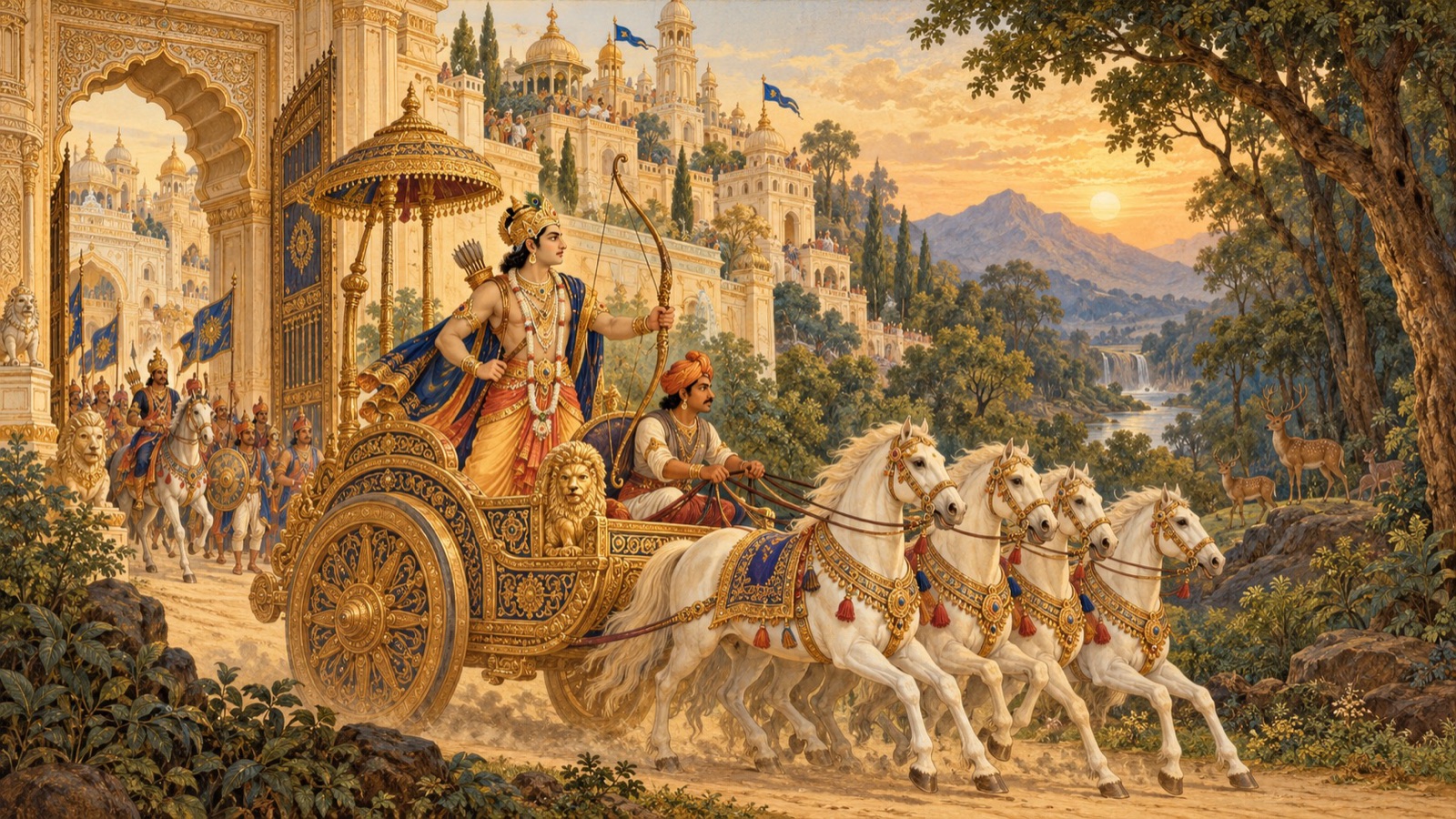 King Puranjana taking up his bow and riding out to hunt in the forest, leaving his queen behind