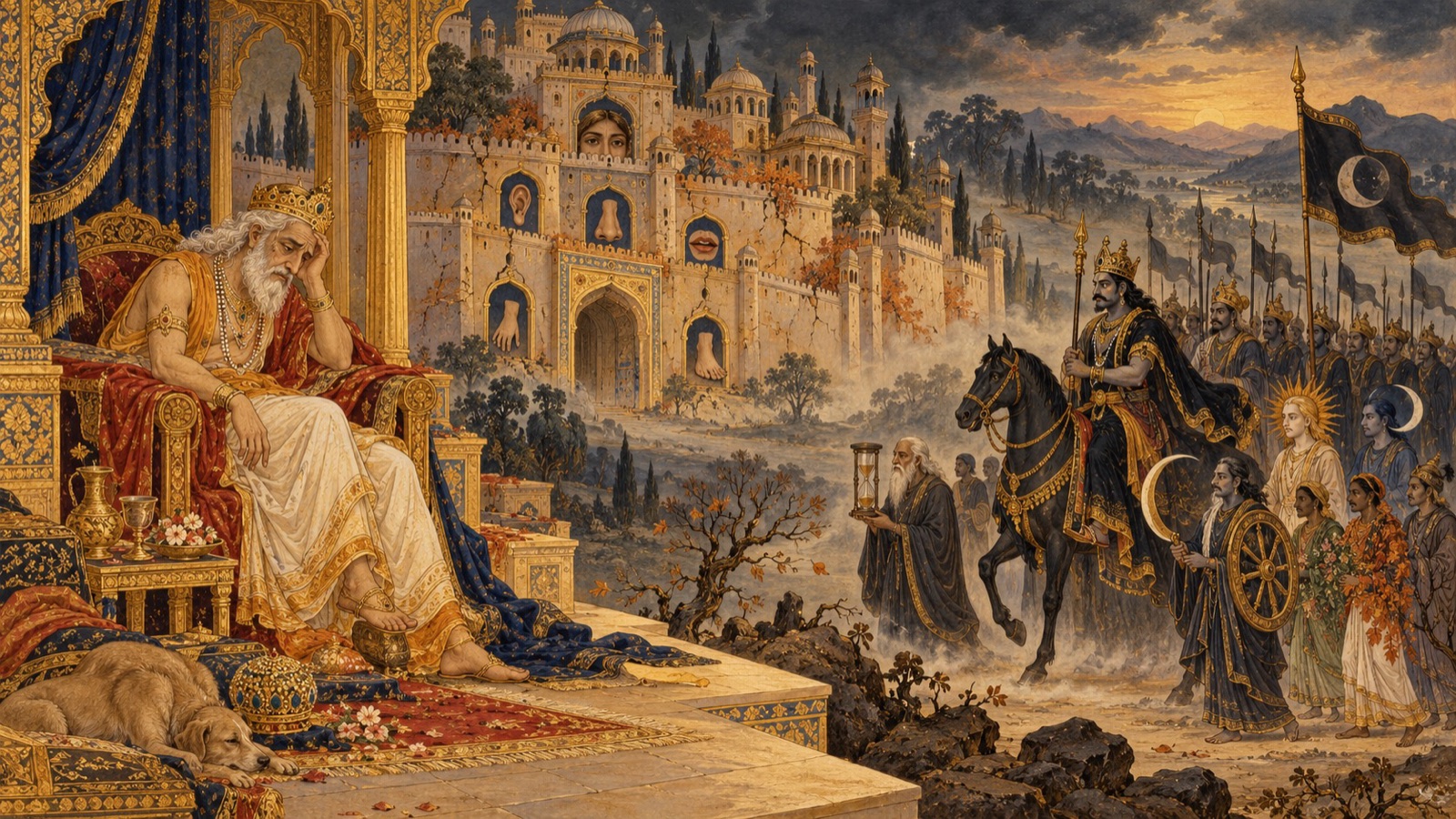 Puranjana losing his beauty and possessions and seized by Fear as death draws near