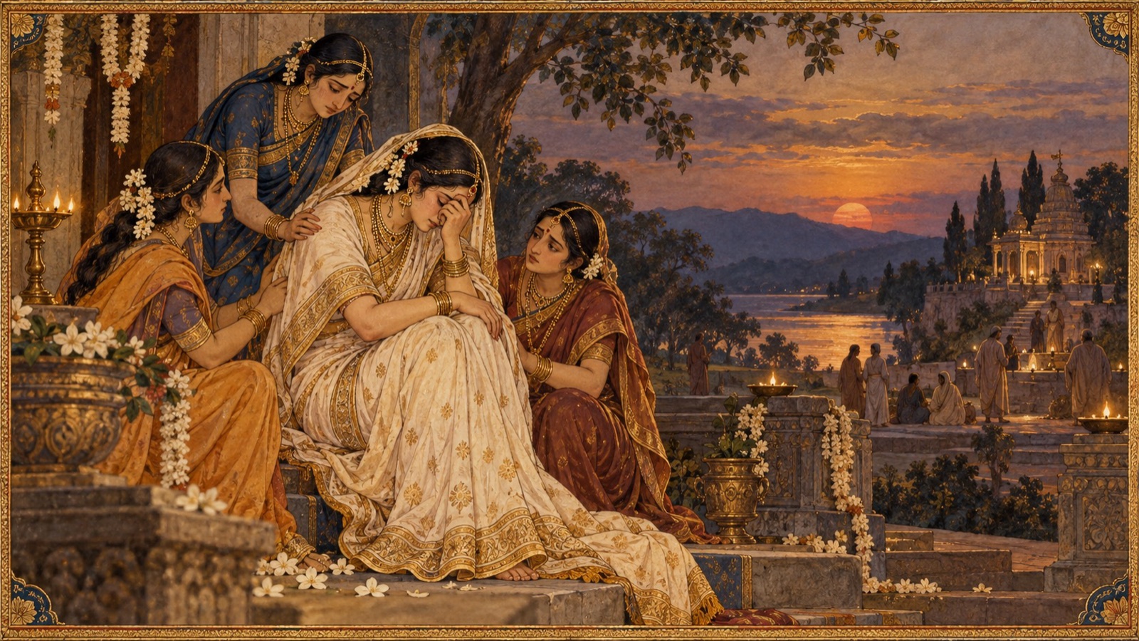 Puranjana reborn as a woman, grieving inconsolably beside her husband's pyre