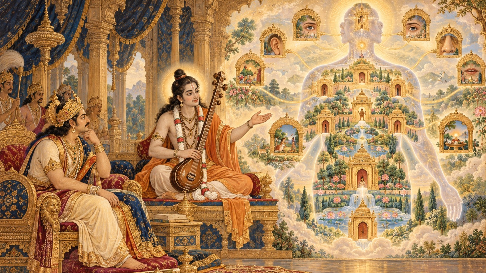 नारद अन्योक्ति का अनावरण करते — आत्मा निवासी के रूप में, नौ द्वारों वाली नगरी शरीर के रूप में