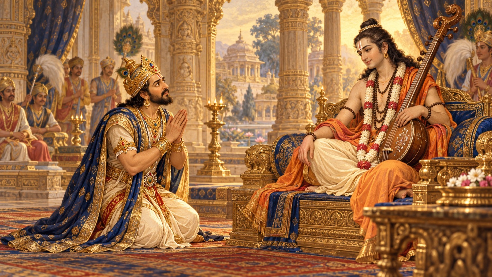 King Prachinabarhi humbly confessing to Narada that he cannot grasp the parable's deeper meaning