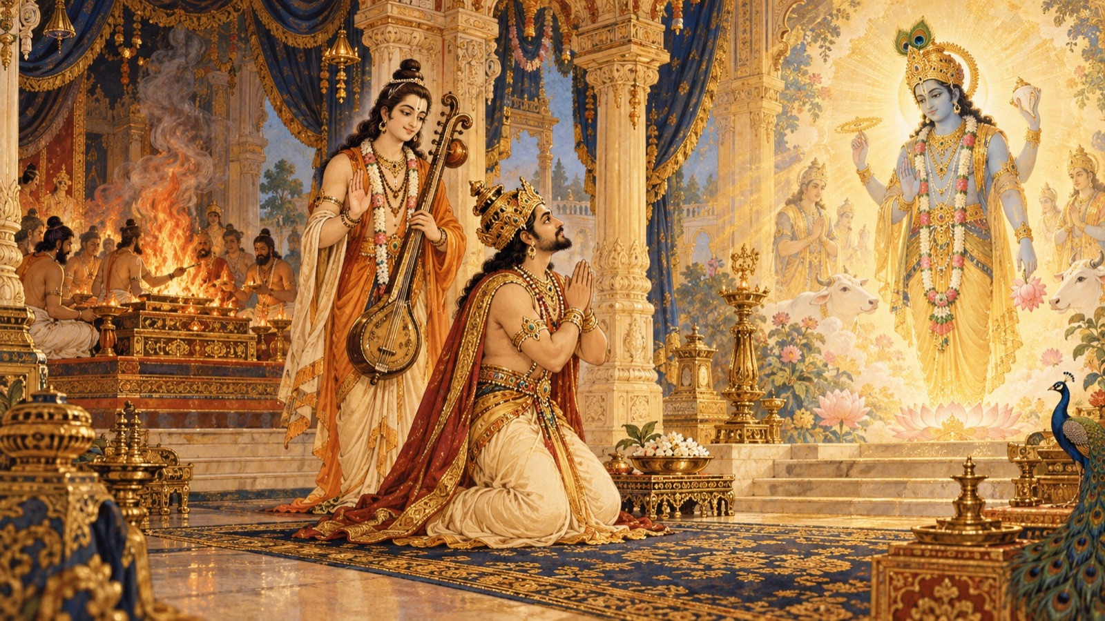 King Prachinabarhi illumined, turning from ritual toward the loving worship of the Lord