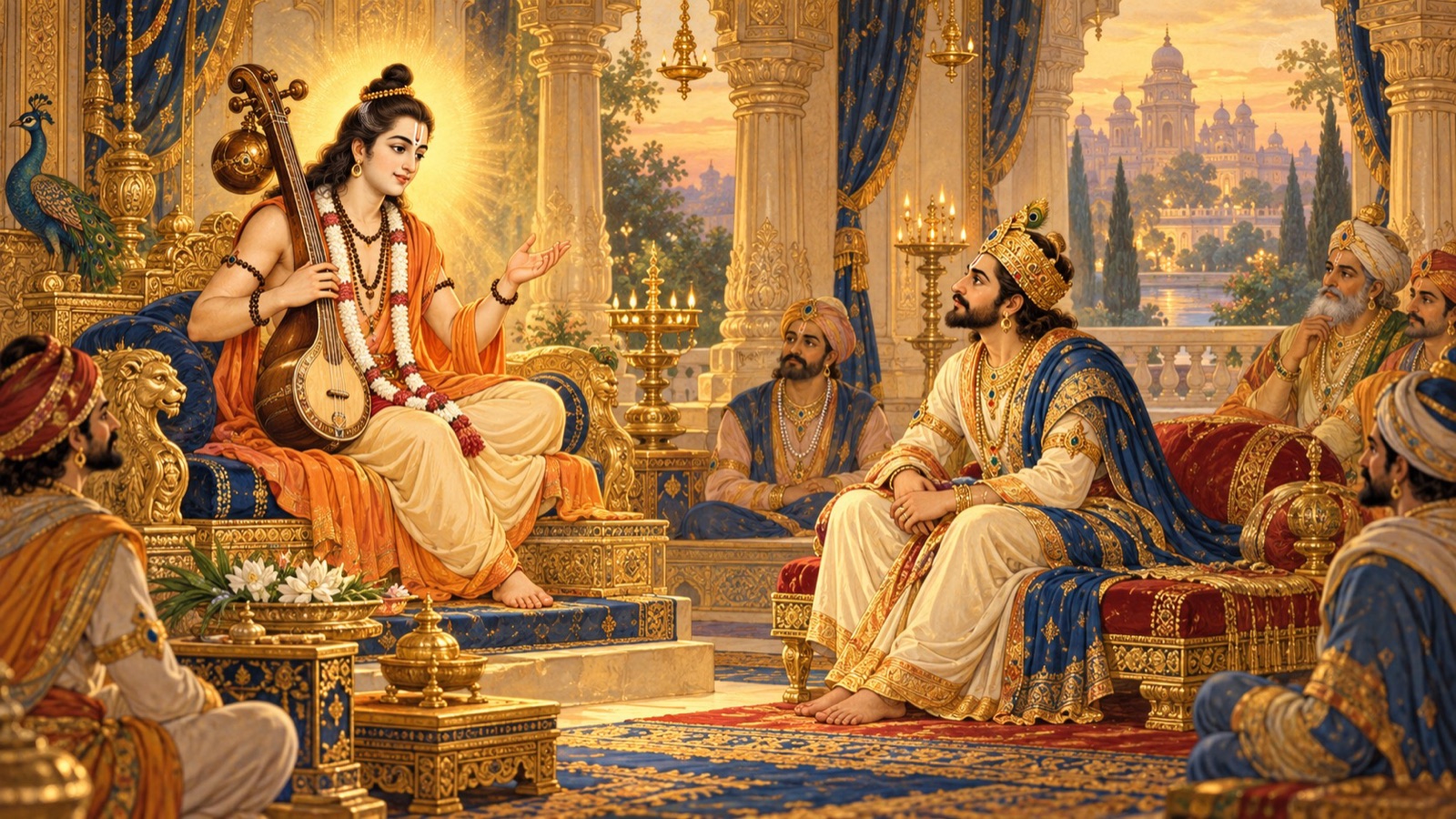The sage Narada unfolding the hidden meaning of the parable of Puranjana to King Prachinabarhi