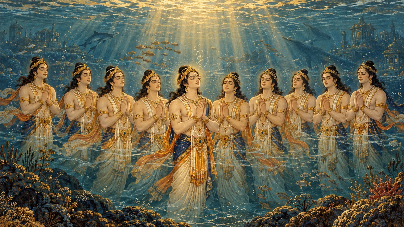 दस प्रचेता समुद्र में लम्बी तपस्या में, परम भगवान् को सन्तुष्ट करने जपते हुए