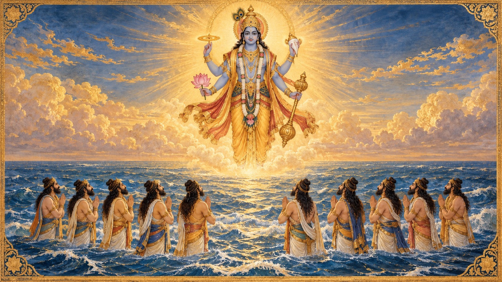 The eternal Supreme Lord appearing before the Pracetas in the ocean to grant them a boon