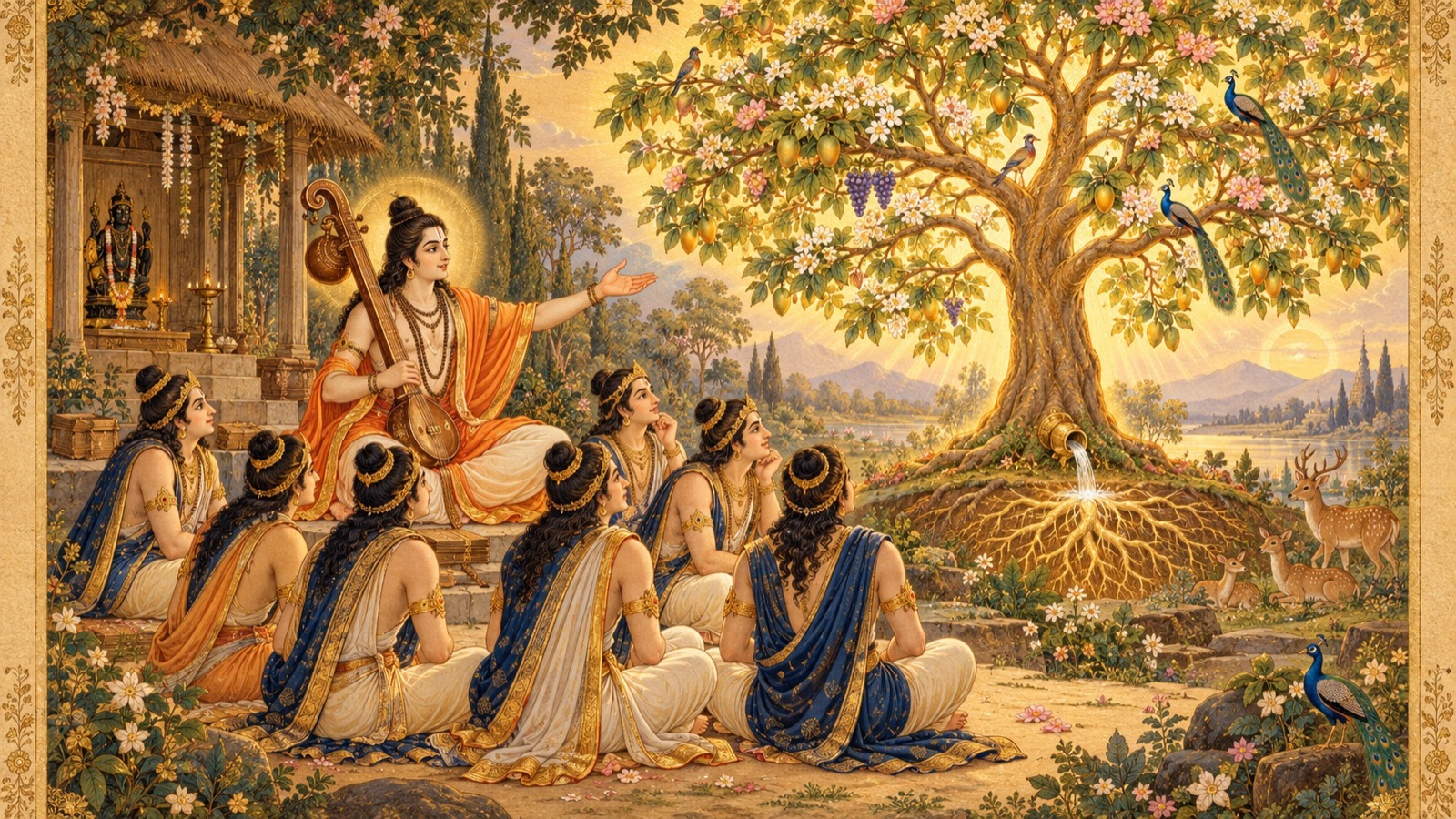Narada teaching that a life is worthwhile only in serving the Lord, like watering a tree's root