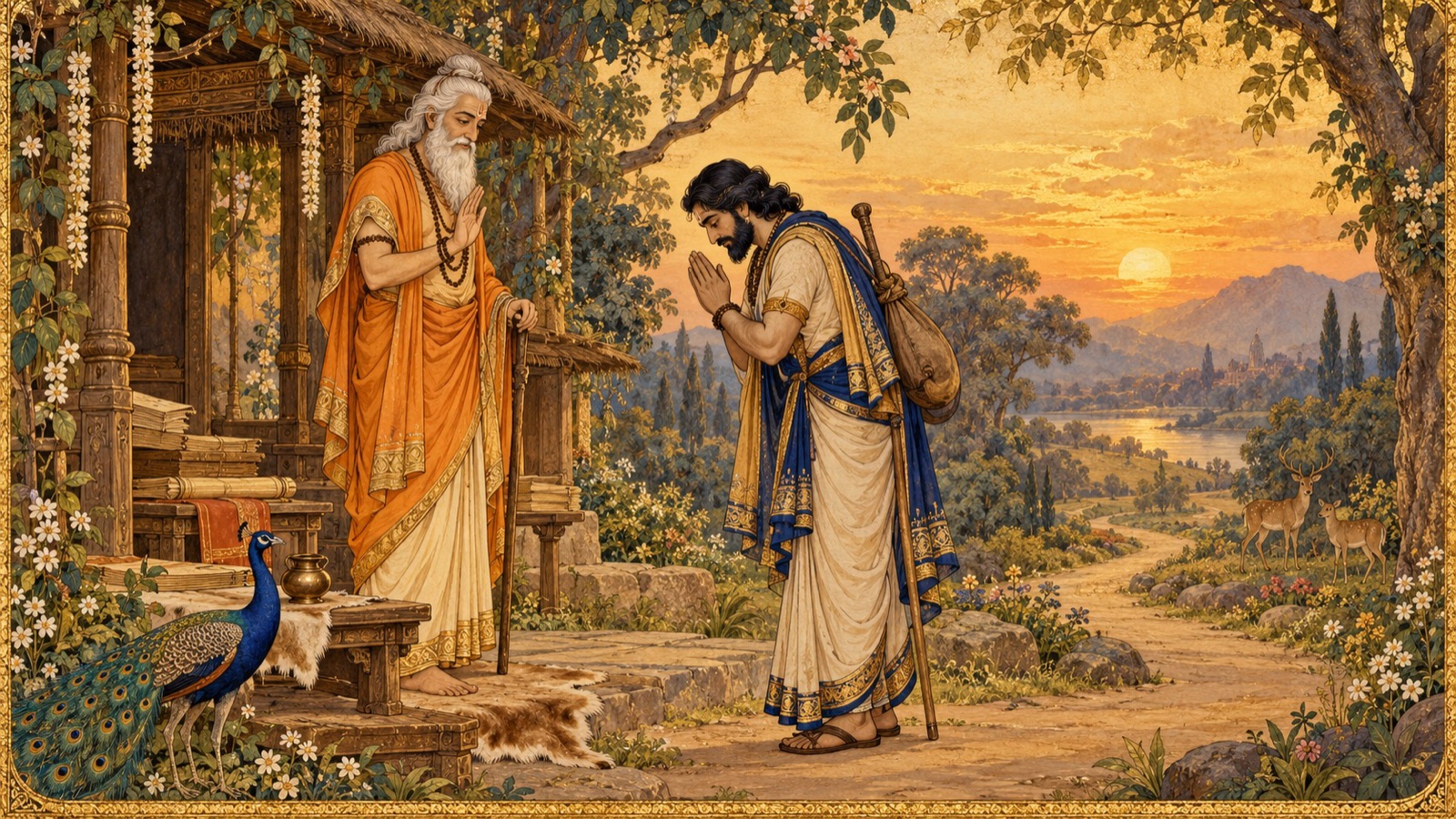 Vidura, his heart at peace, bowing to the sage Maitreya and taking his leave
