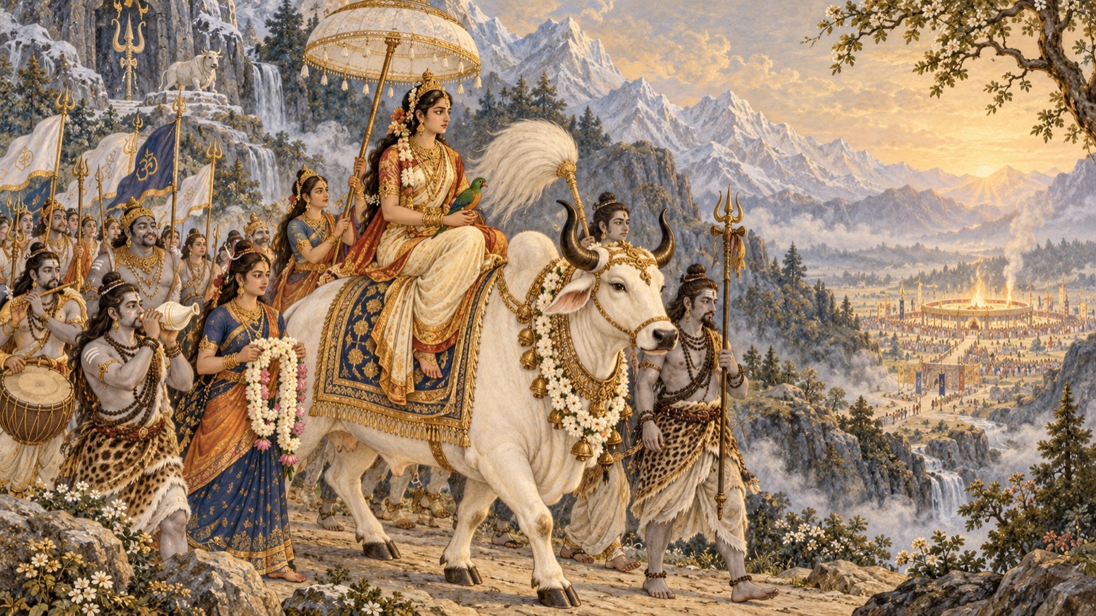 Sati set upon the great bull Nandi and escorted by Lord Shiva's attendants with umbrella and chowrie, travelling to her father's sacrifice