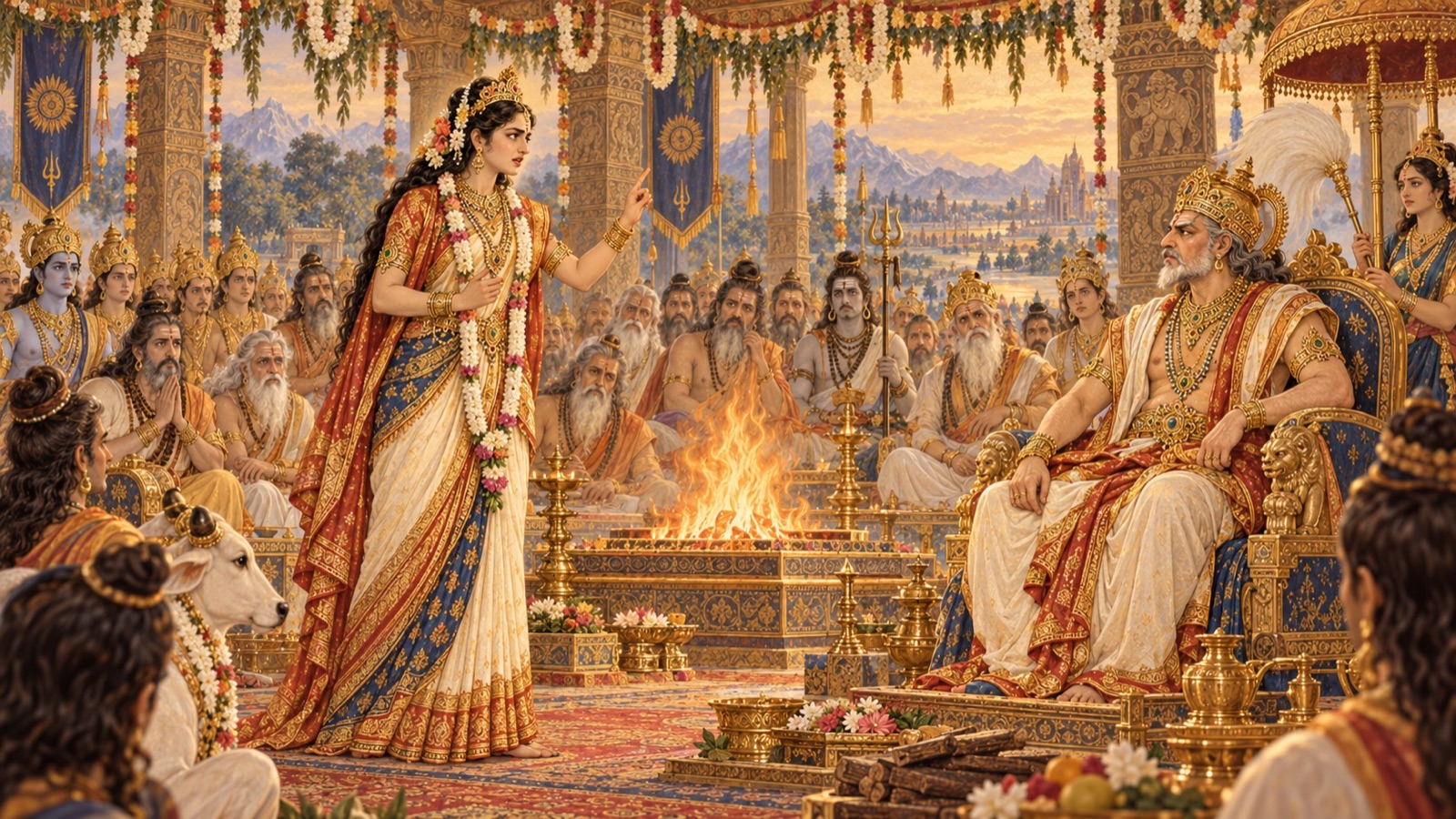 Sati rising before the assembly to rebuke her father Daksha for his contempt of Lord Shiva