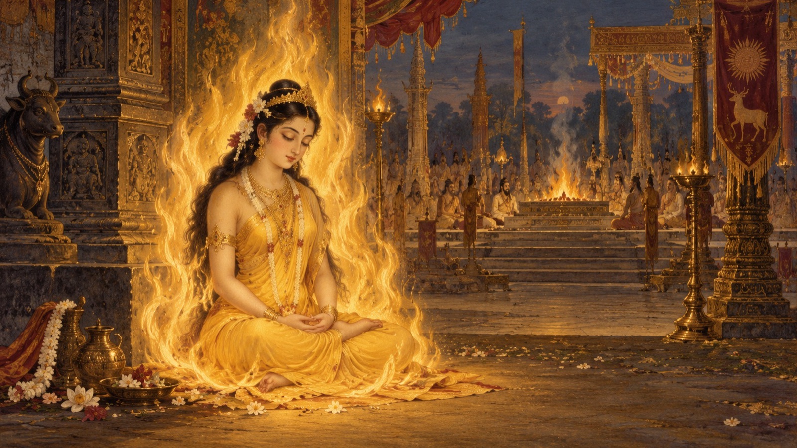 Sati seated in yogic meditation on her lord's lotus-feet, her purified body blazing up in the sacred fire of yoga