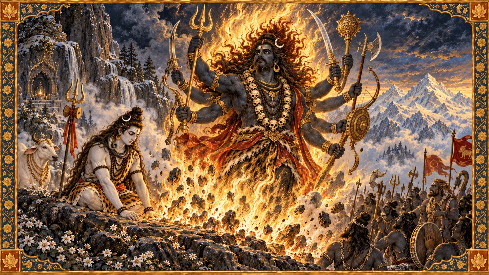 The towering warrior Virabhadra springing from a lock of Lord Shiva's matted hair dashed against the ground