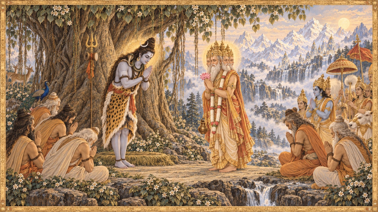 Lord Shiva rising from his seat of meditation to greet Brahma with a reverent bow, the Siddhas and sages bowing in turn
