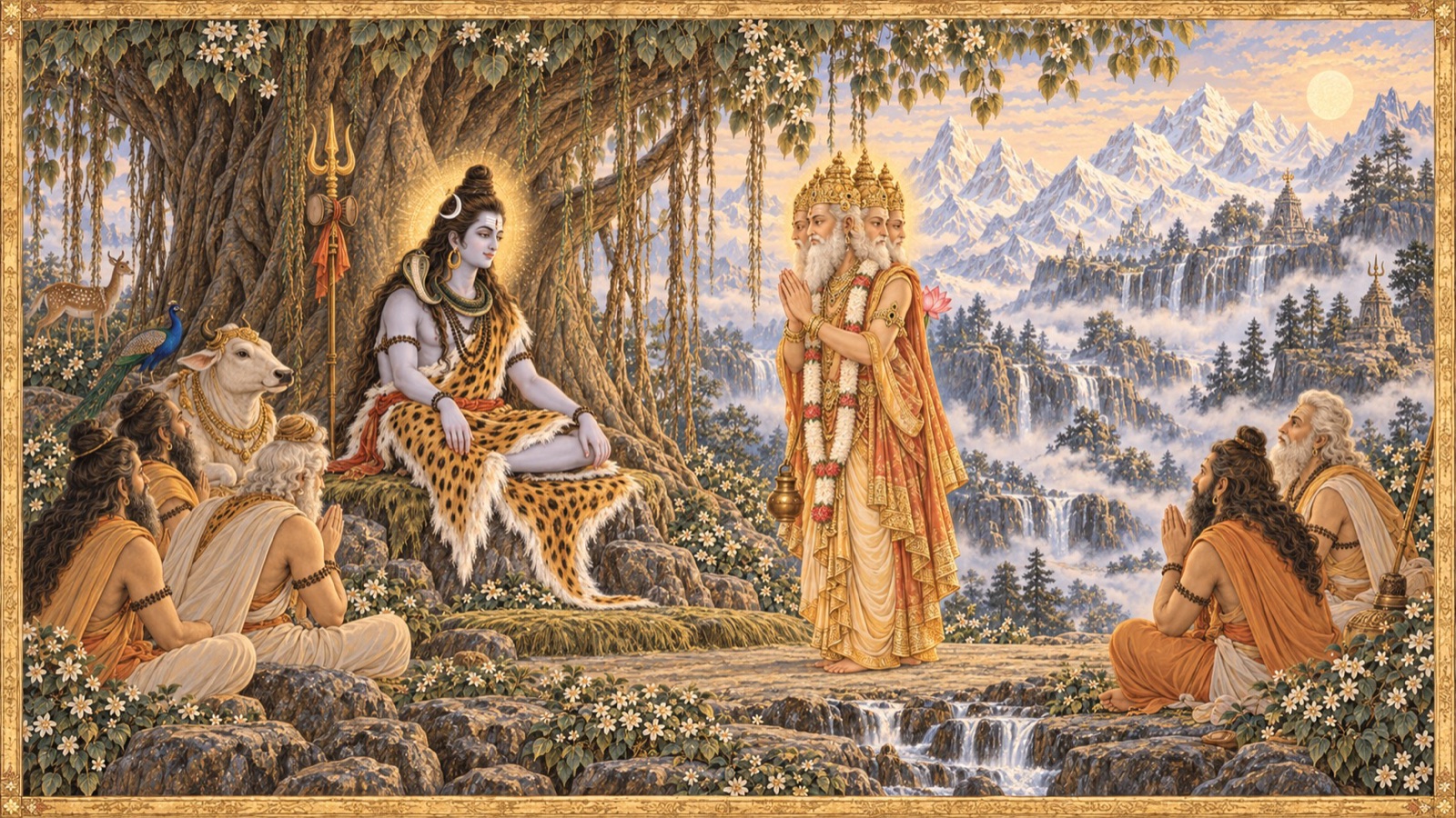 Brahma with folded hands offering his prayer to the serene Lord Shiva, begging forgiveness for Daksha and the restoration of the sacrifice