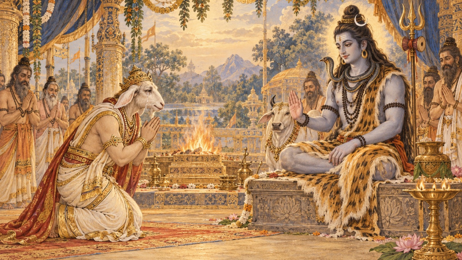 Daksha, restored to life by Lord Shiva's grace, rising and beholding Shiva, his heart washed clean of malice