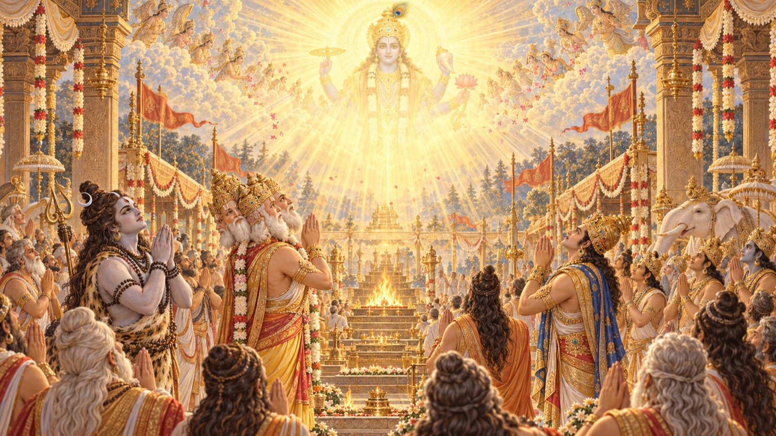 Brahma, Indra, Lord Shiva and the gods and sages rising and bowing to Sri Hari, glorifying him with joined palms