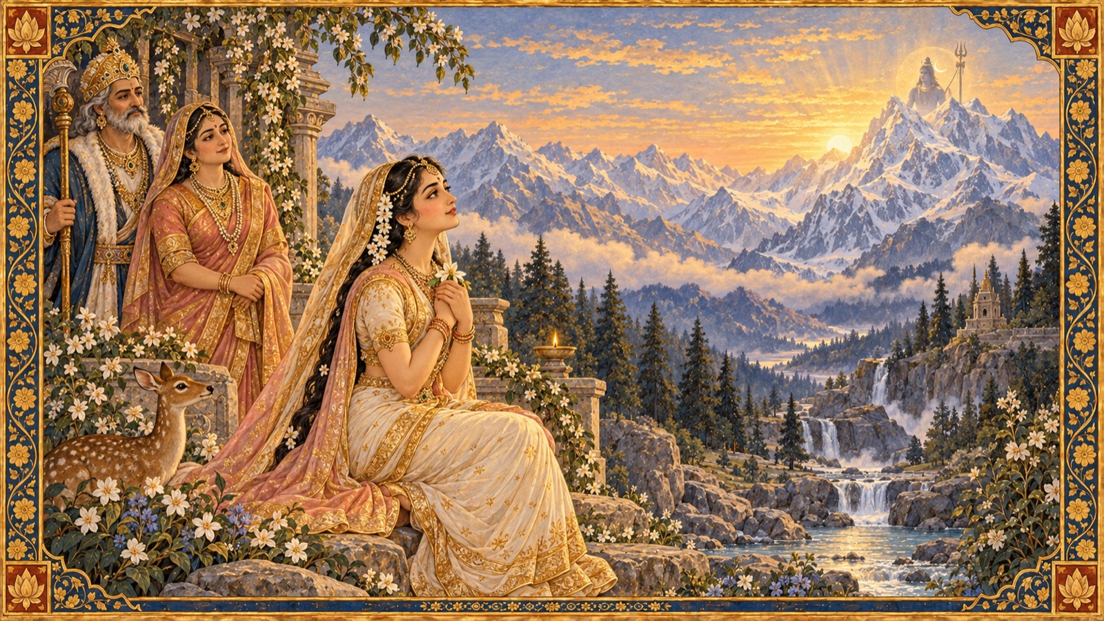 Sati reborn as the daughter of Himavan and Mena, to seek union once more with her beloved lord Shiva