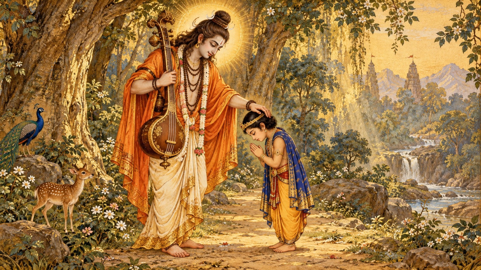 देवर्षि नारद वन में बालक ध्रुव के शिर पर हाथ रखकर उसके मार्गदर्शक बनते हुए
