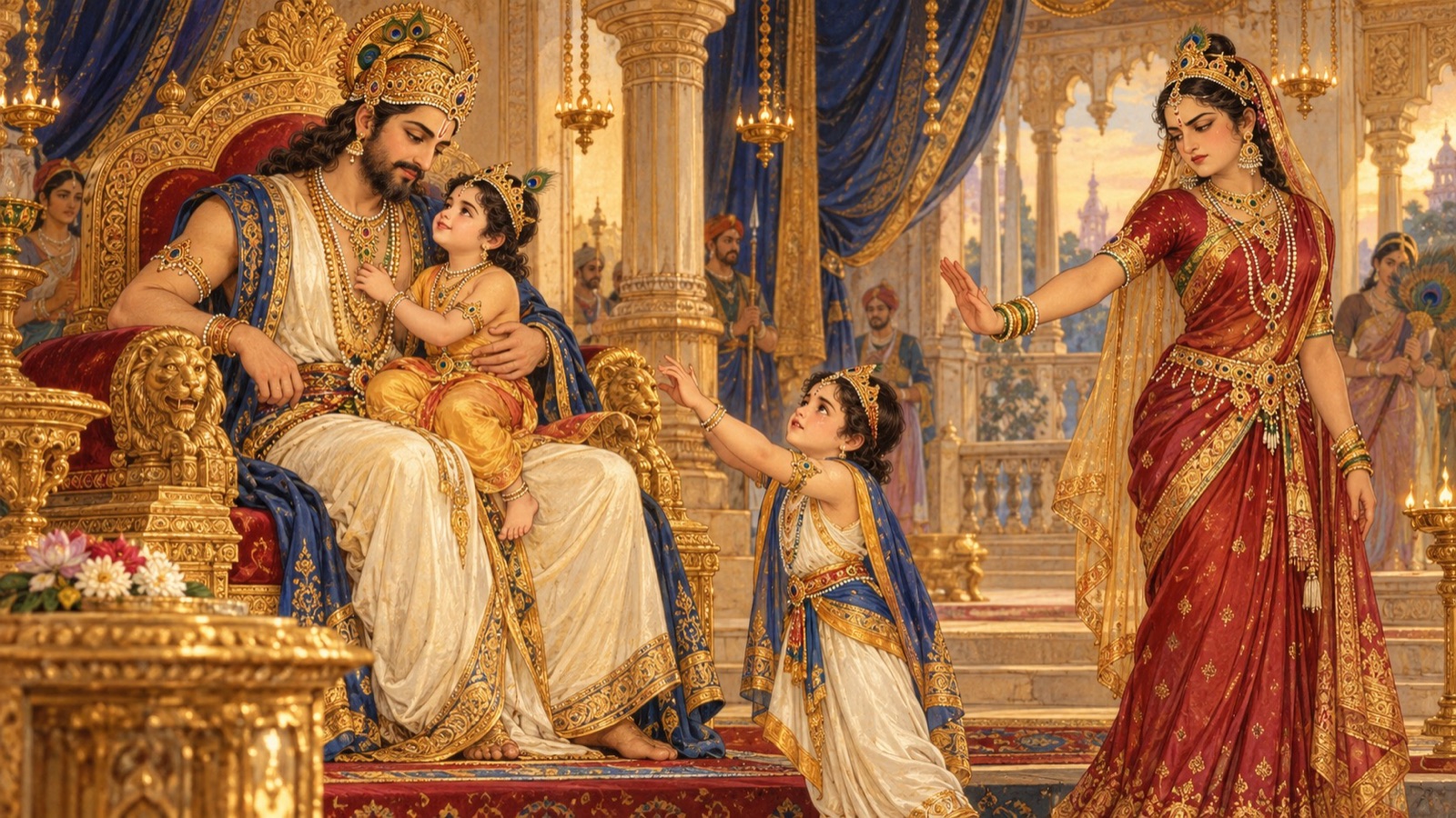 Queen Suruchi checking the child Dhruva with proud words as he reaches for his father's lap
