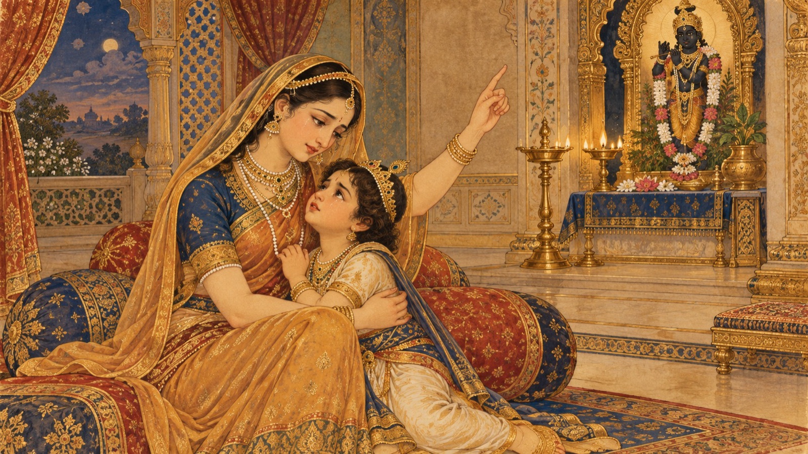 Queen Suniti gathering her weeping son Dhruva to her heart and counseling him to seek the Lord