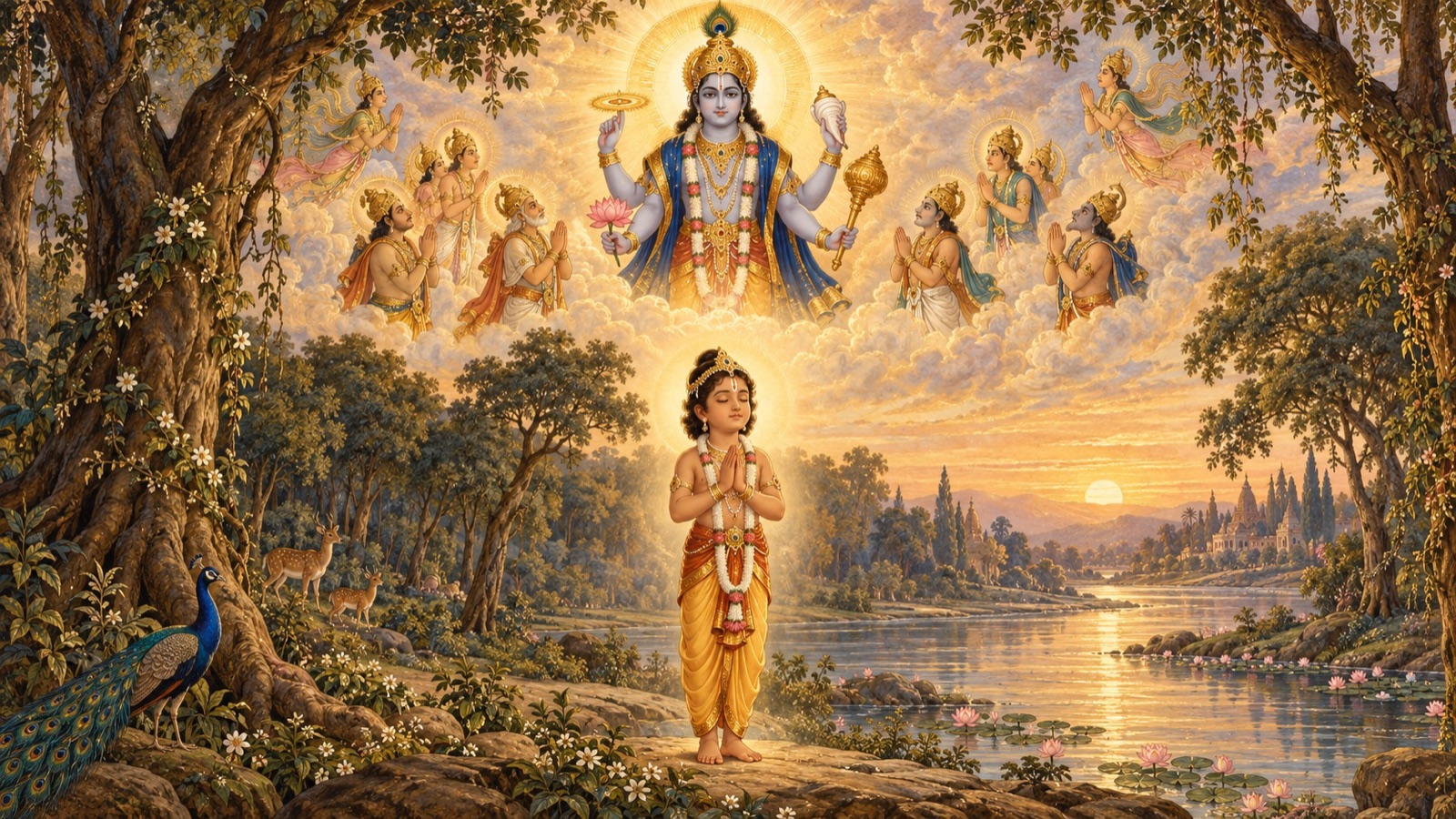 The child Dhruva in deep meditation at Madhuvana as the Supreme Lord reassures the anxious demigods