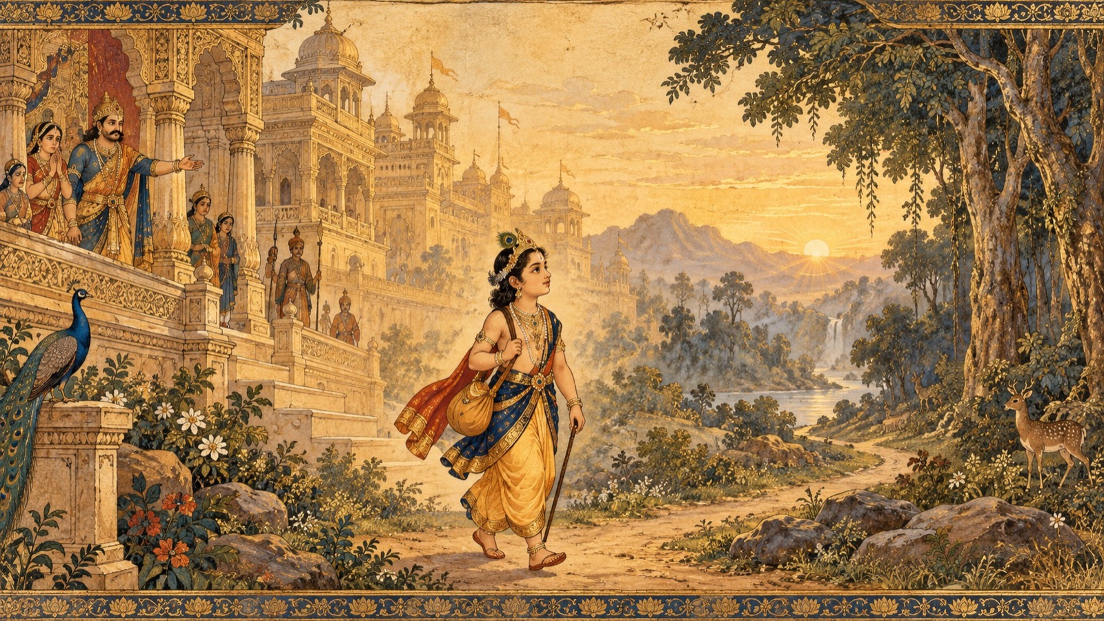 The child Dhruva leaving the palace and setting out alone toward the forest to seek the Supreme Lord
