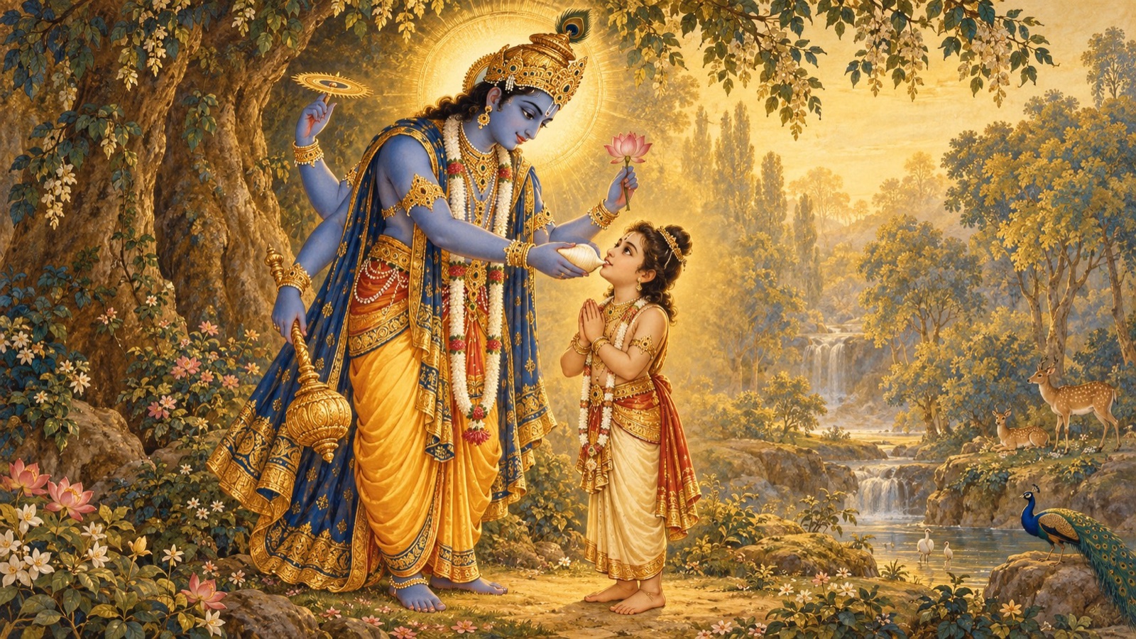 परम भगवान् बालक ध्रुव के गाल को अपने शंख से स्पर्श करके उसे प्रेरित वाणी प्रदान करते हुए