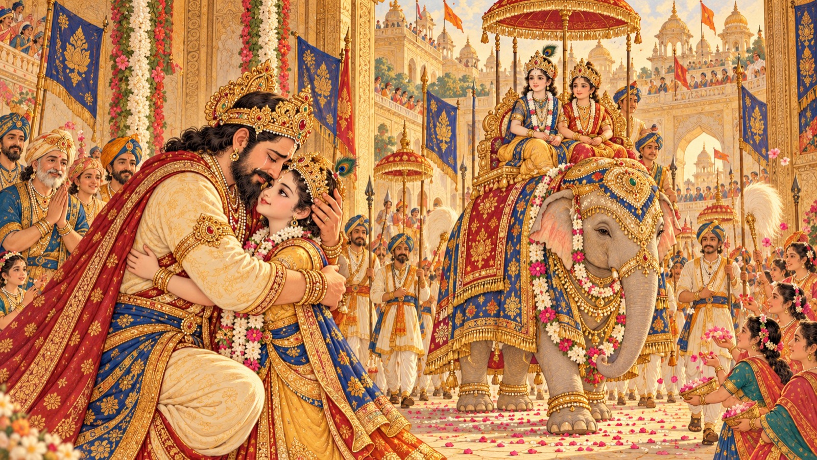 King Uttanapada embracing his returning son Dhruva with tears as they enter the festive capital on a she-elephant