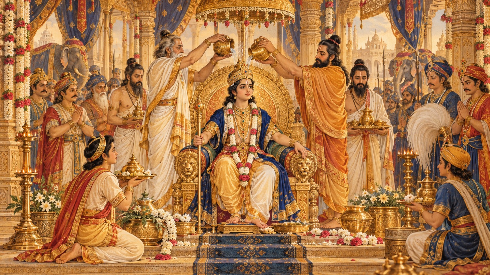 The young Dhruva enthroned as king in righteousness after his father withdraws to the forest