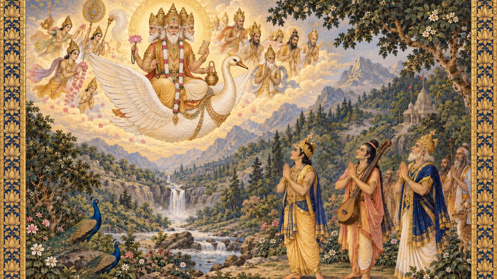 Brahma descending on his swan into the valley of Mount Gandhamadana, worshipped by celestial beings